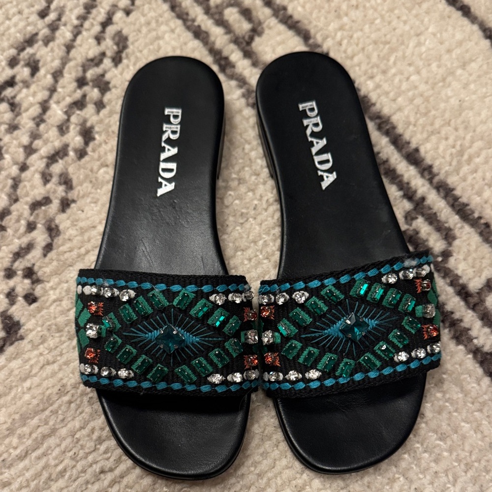 Prada Black Slide Sandals with Green and Teal Beading